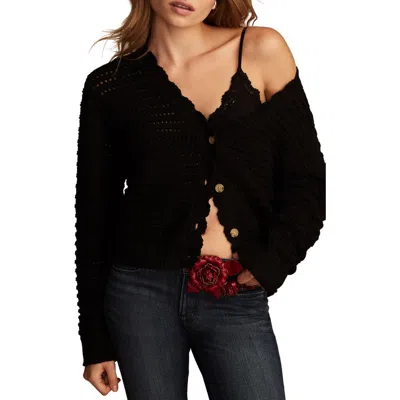 Lucky Brand Scallop Pointelle Cardigan In Dark Black