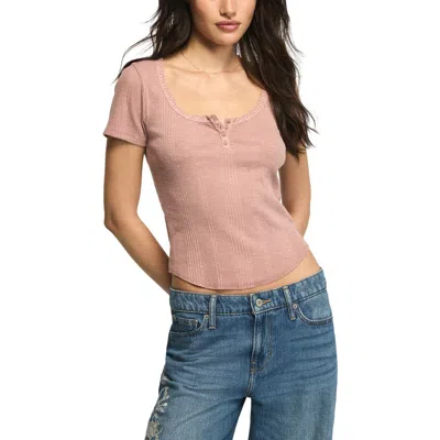 Lucky Brand Scallop Trim Short Sleeve Henley T-shirt In Pink