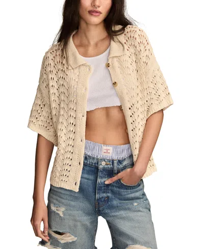 Lucky Brand Short Sleeve Cropped Button Up Sweater In Gray