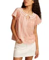 Lucky Brand Geo Embroidered Short Sleeve Cotton Peasant Top