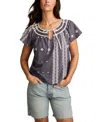 Lucky Brand Geo Embroidered Short Sleeve Cotton Peasant Top In Black