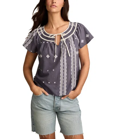 Lucky Brand Short Sleeve Peasant Blouse In Black