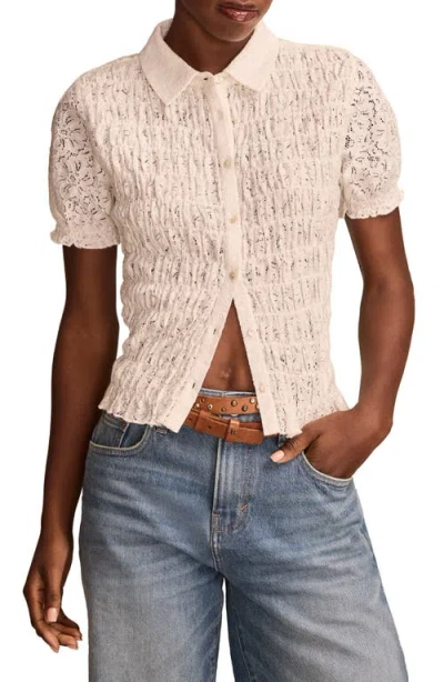 Lucky Brand Short Sleeve Smocked Lace Button-up Shirt In Whisper White