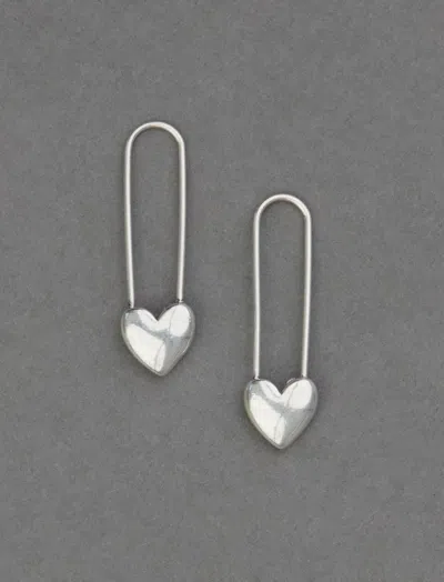 Lucky Brand Silver Safety Pin Heart Earrings In Metallic