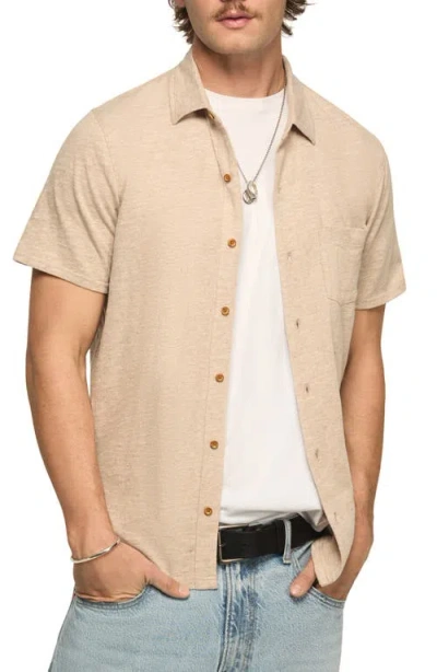 Lucky Brand Slub Knit Short Sleeve Cotton Blend Button-up Shirt In Brown