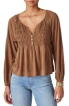 Lucky Brand Smocked Sandwash Top In Brown