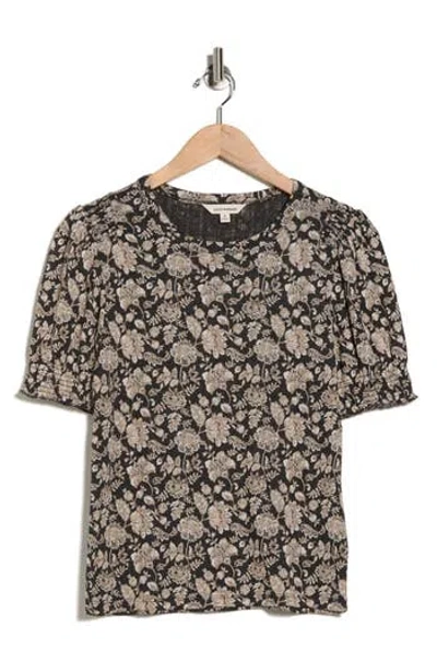 Lucky Brand Smocked Shoulder Pointelle Knit Top In Black