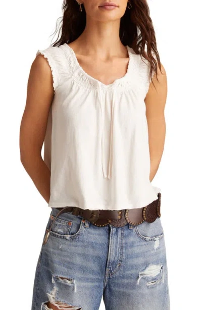 Lucky Brand Smocked Tie Neck Cotton Top In White