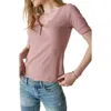 Lucky Brand Snap Front Short Sleeve Cotton Rib Henley In Foxglove