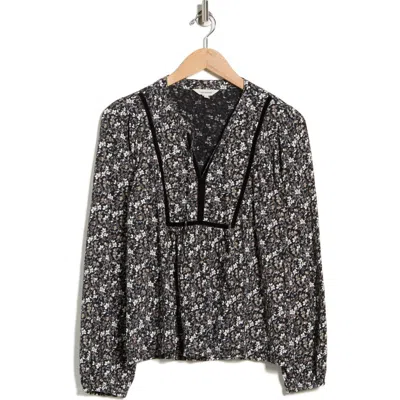 Lucky Brand Split Neck Cotton Popover Top In Black