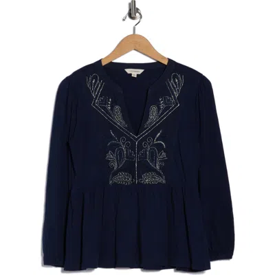 Lucky Brand Split Neck Peplum Top In Blue
