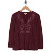 Lucky Brand Split Neck Peplum Top In Burgundy