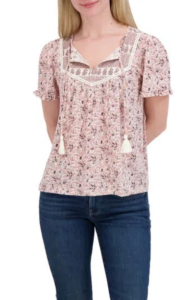 Lucky Brand Split Neck Puff Sleeve Top In White