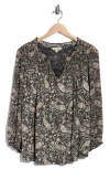 Lucky Brand Split Neck Smocked Long Sleeve Top In Brown