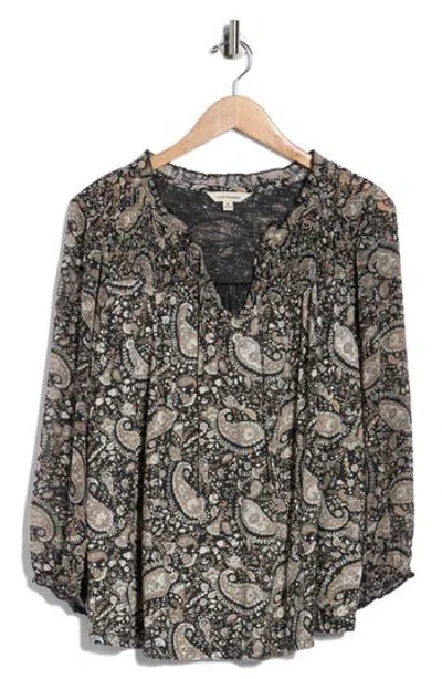 Lucky Brand Split Neck Smocked Long Sleeve Top In Brown