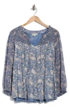 Lucky Brand Split Neck Smocked Long Sleeve Top In Blue
