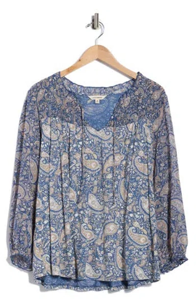 Lucky Brand Split Neck Smocked Long Sleeve Top In Blue