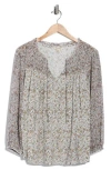 Lucky Brand Split Neck Smocked Long Sleeve Top In Gray
