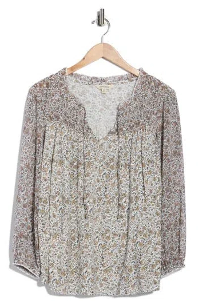 Lucky Brand Split Neck Smocked Long Sleeve Top In Gray