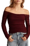 Lucky Brand Square Neck Long Sleeve Ruched Top In Burgundy
