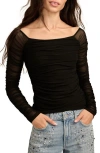 Lucky Brand Square Neck Long Sleeve Ruched Top In Jet Black