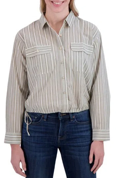 Lucky Brand Stripe Cinch Hem Button-up Shirt In Olive Stripe