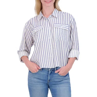 Lucky Brand Stripe Cropped Button-up Shirt In White Stripe