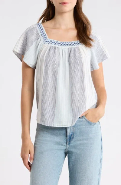 Lucky Brand Stripe Embroidered Square Neck Linen Blend Top In White