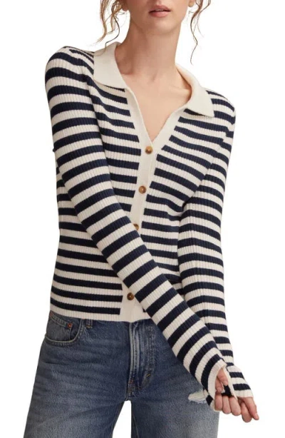 Lucky Brand Stripe Johnny Collar Cardigan In Black