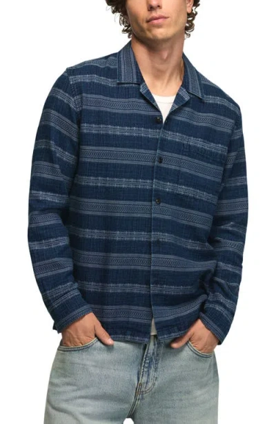 Lucky Brand Stripe Long Sleeve Camp Shirt In Blue