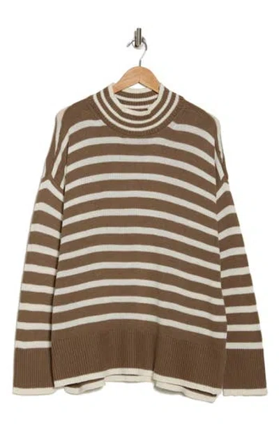 Lucky Brand Stripe Oversize Mock Neck Sweater In Shitake Whispe White