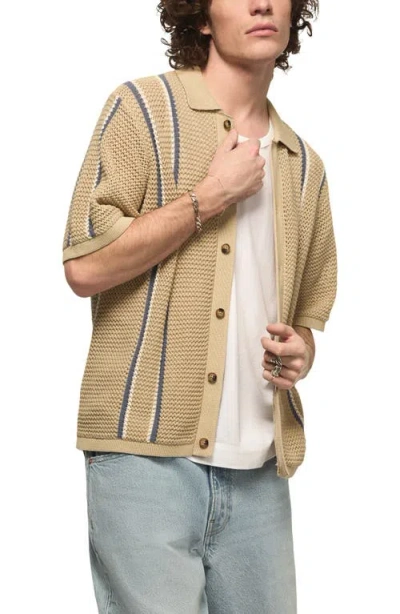 Lucky Brand Stripe Short Sleeve Cotton Button-up Sweater In Pink