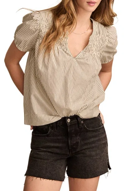 Lucky Brand Stripe Smocked Yoke Cotton Top In Neutral