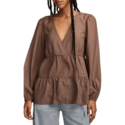 Lucky Brand Stripe Surplice Neck Tiered Top In Deep Taupe