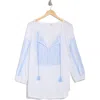Lucky Brand Tassel Cotton Top In White/blue