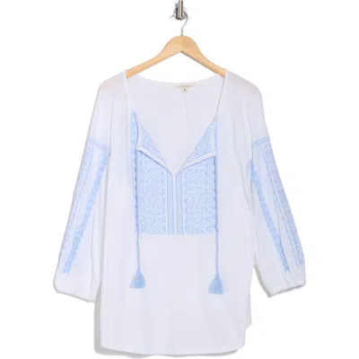 Lucky Brand Tassel Cotton Top In White/blue