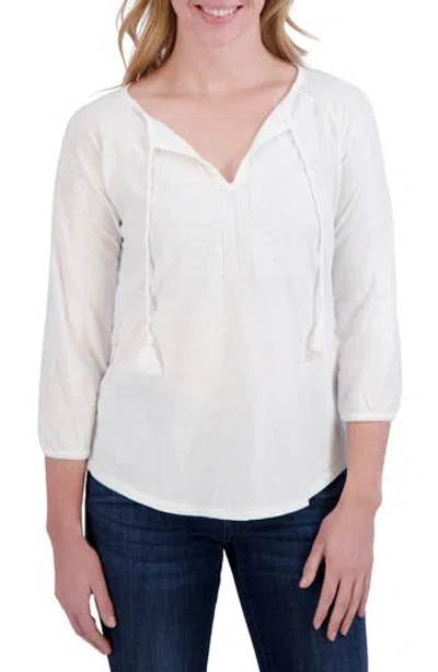 Lucky Brand Tassel Tie Embroidered Cotton Top In Lucky White
