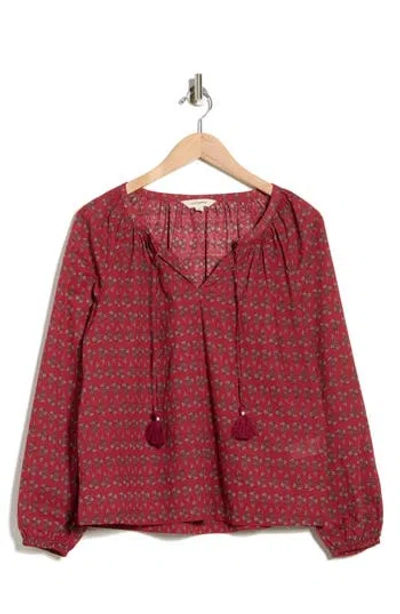 Lucky Brand Tassel Tie Neck Cotton Top In Red
