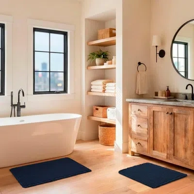 Lucky Brand Taylor Solid Waffle Weave Bath Rug Set In Dark Blue