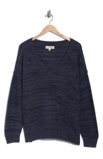 Lucky Brand Textured V-neck Cotton Blend Sweater In Blue
