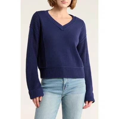Lucky Brand Textured V-neck Sweater In Blue