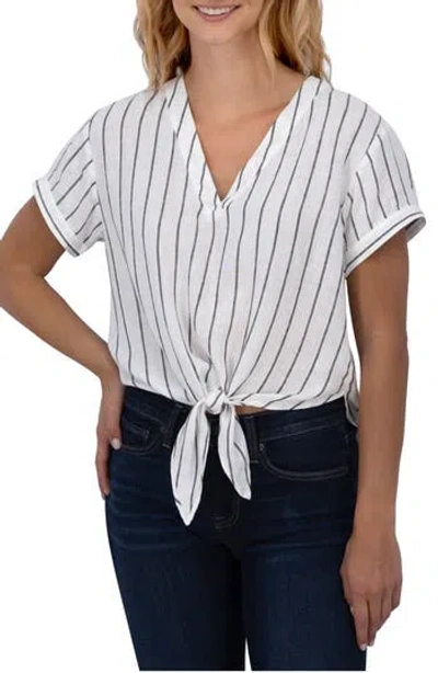 Lucky Brand Tie Front Linen Top In Black White