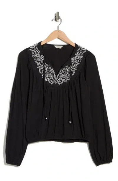 Lucky Brand Tie Neck Bubble Hem Top In Black