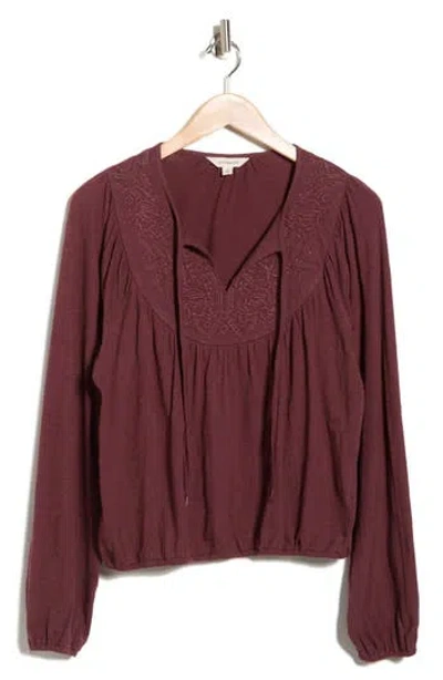 Lucky Brand Tie Neck Bubble Hem Top In Brown