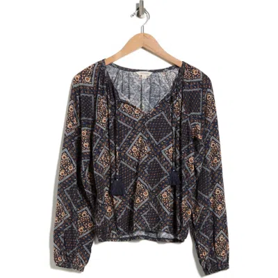 Lucky Brand Tie Neck Bubble Hem Top In Multi