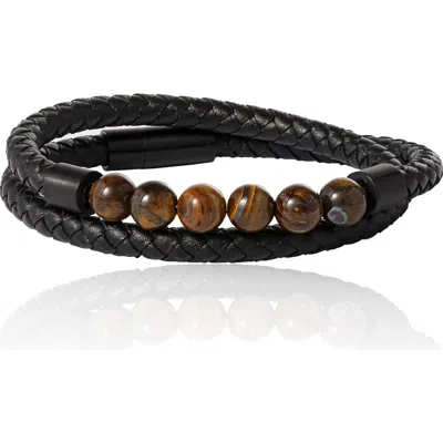 Lucky Brand Tiger's Eye Beaded And Leather Wrap Bracelet In Black