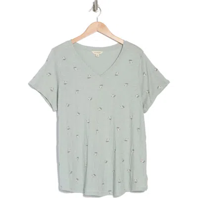 Lucky Brand V-neck Bouquet Embroidered T-shirt In Aqua Gray
