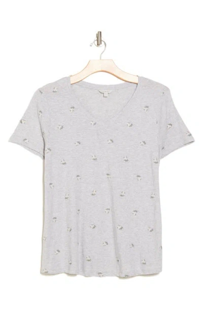 Lucky Brand V-neck Bouquet Embroidered T-shirt In Heather Grey