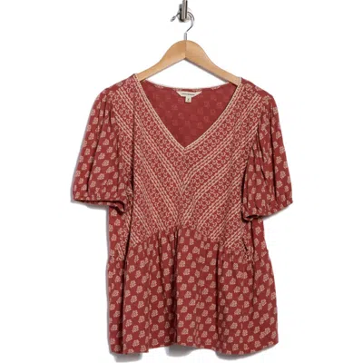 Lucky Brand V-neck Mix Print T-shirt In Red