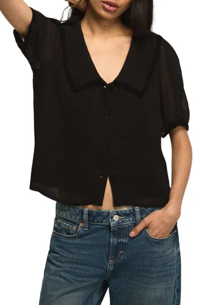 Lucky Brand Velvet Trim Peter Pan Collar Blouse In Black